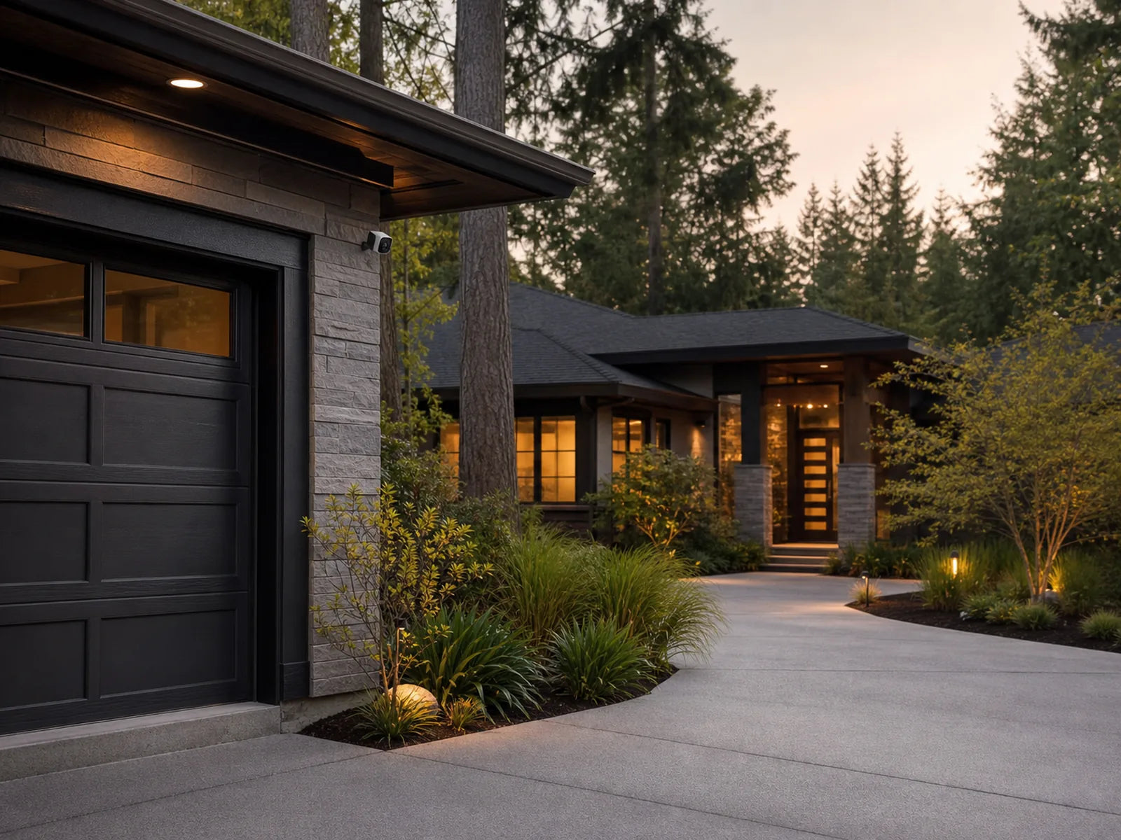 Outdoor camera monitoring a landscaped driveway and home entrance.