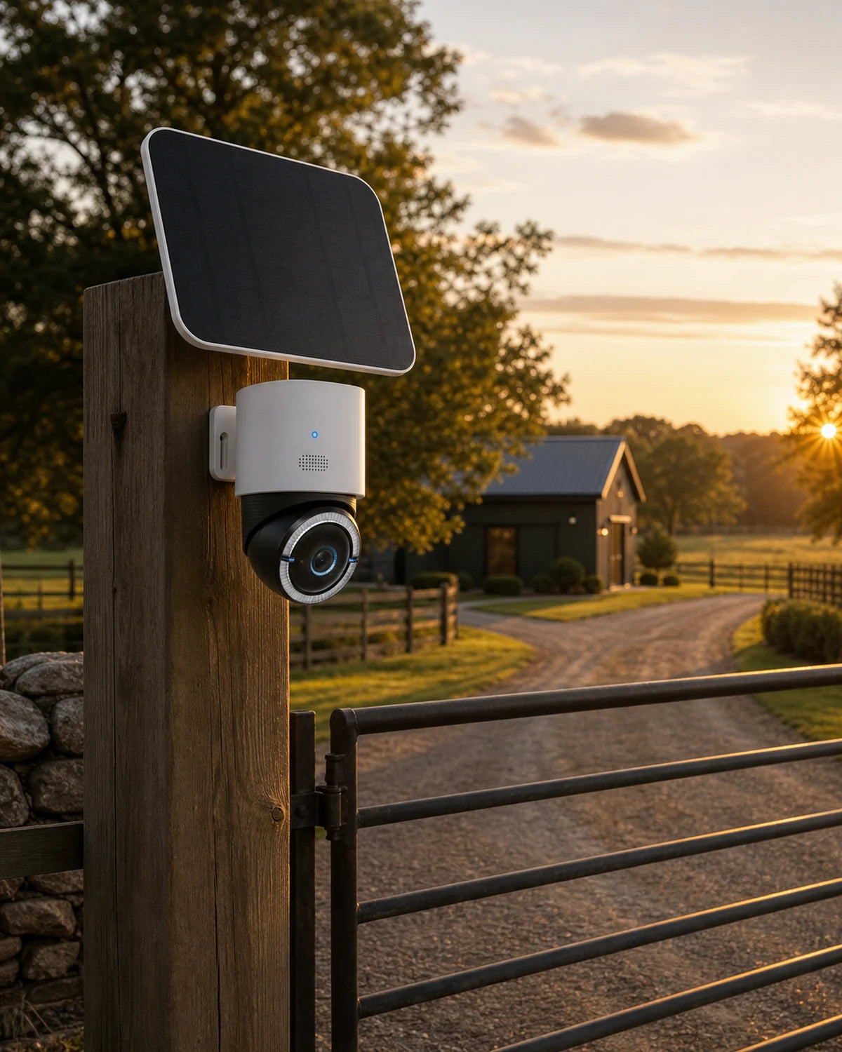 Solar cellular camera installed at a rural property entrance at golden hour.