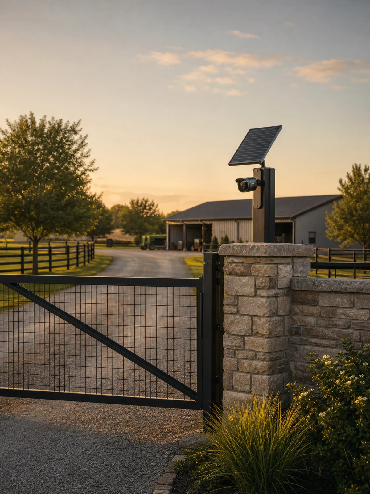 Solar camera monitoring a farm gate, access road, and equipment area.