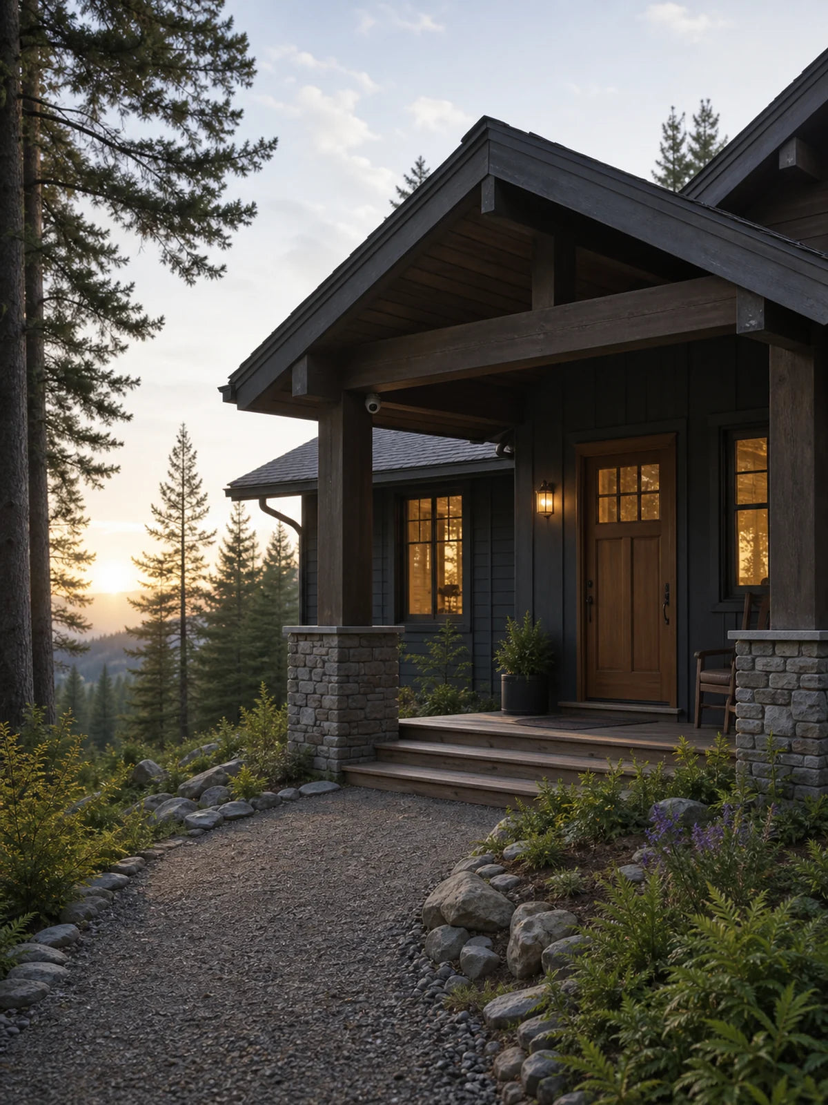 Well-maintained remote cabin with a camera mounted beneath the entry eave.