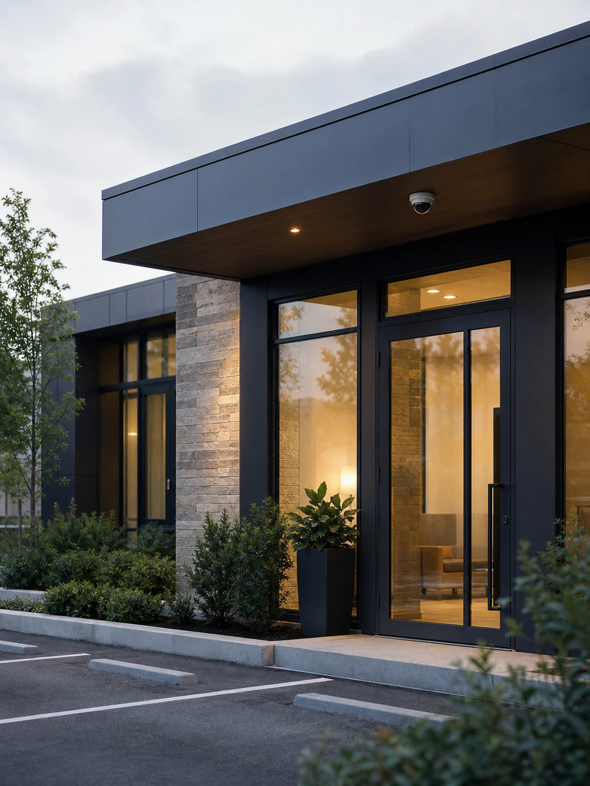 Exterior camera covering a modern small-business entrance and parking area.