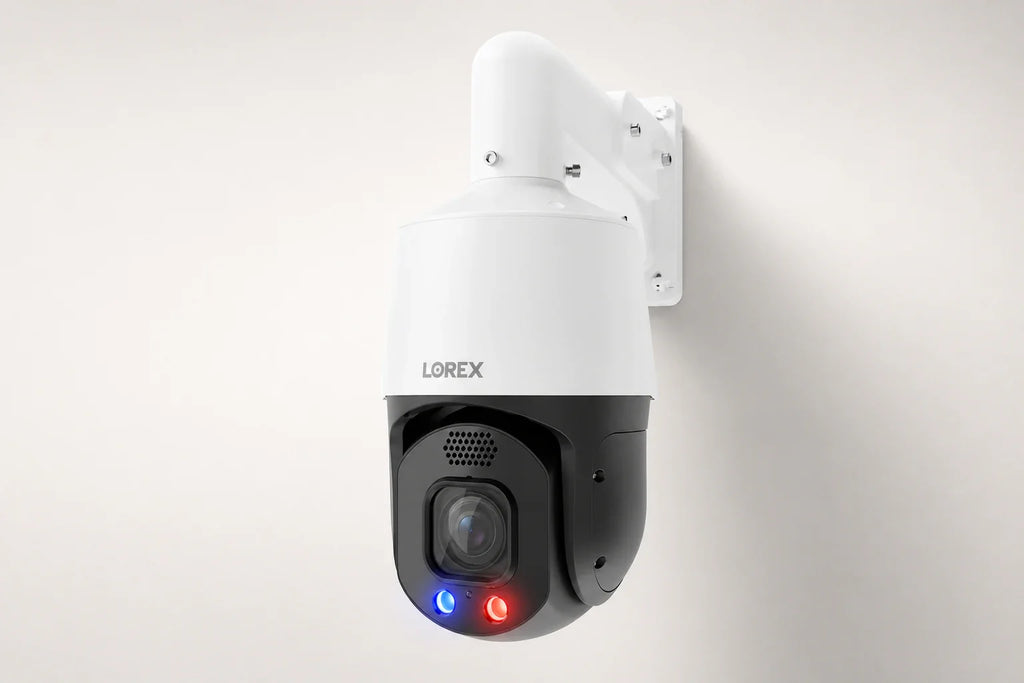 Lorex Connect X Series PTZ camera in a premium studio product presentation