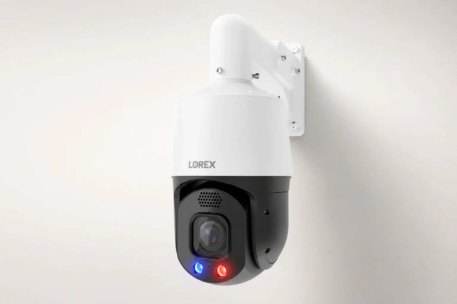 Lorex Connect X Series PTZ camera in a premium studio product presentation