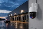 Illustrative Lorex Connect X Series PTZ camera mounted at a warehouse loading and vehicle area