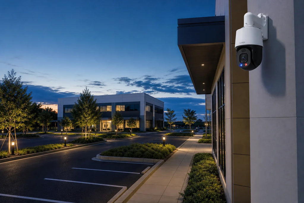 Illustrative Lorex Connect X Series PTZ camera overlooking one selected direction across a campus parking and perimeter area