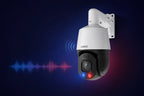 Lorex PTZ camera illustrating active deterrence lights, siren, speaker, and two-way audio