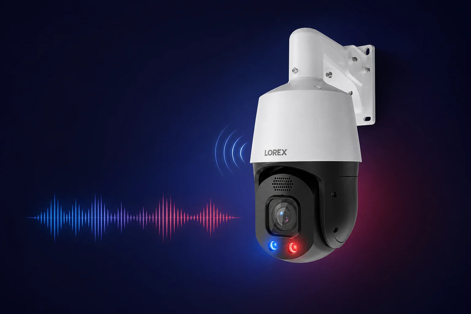 Lorex PTZ camera illustrating active deterrence lights, siren, speaker, and two-way audio