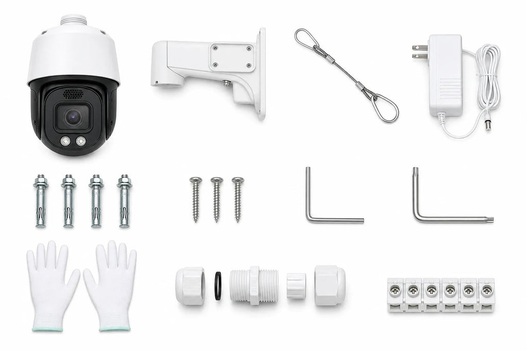 Verified included package contents for the Lorex Connect X Series PTZ camera