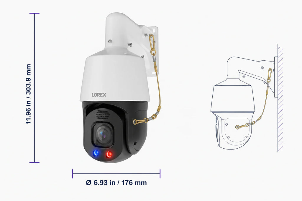 Lorex CNX01P-DPW-AB1 dimensions, wall mount, and safety-chain diagram