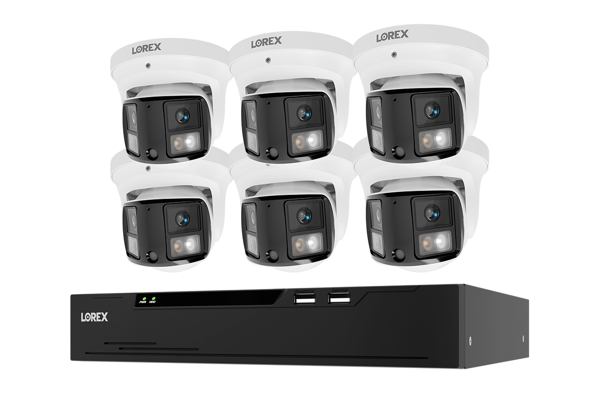 Lorex Connect X Series system with six X3 dual-lens turret cameras and XC 4K 8-channel NVR