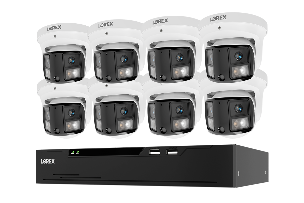 Lorex Connect X Series system with eight X3 dual-lens turret cameras and XC 4K 8-channel NVR