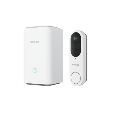 White Reolink battery video doorbell and white Home Hub included in the kit