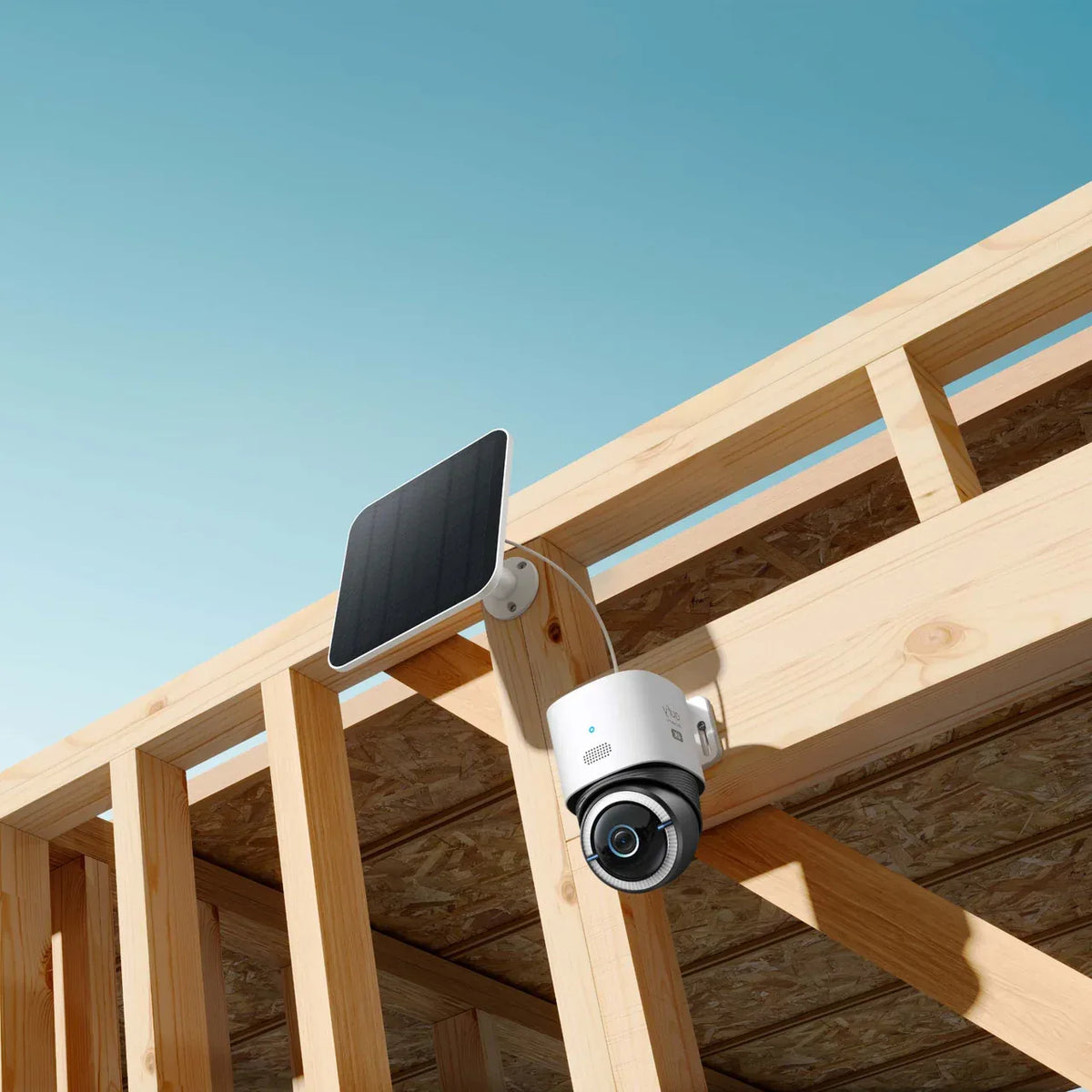 Solar camera mounted on a construction frame