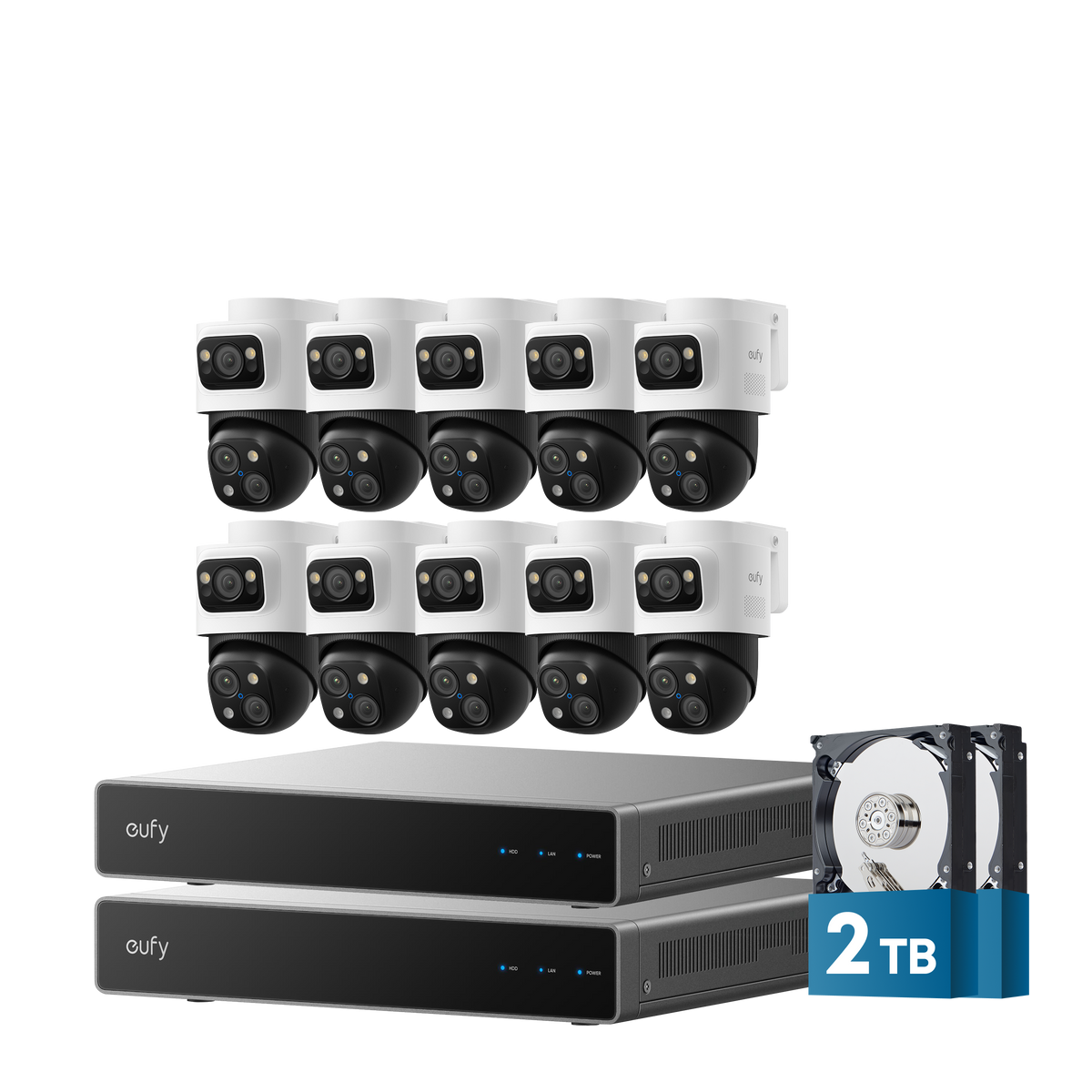 Ten PoE Cam S4 cameras and two NVR S4 recorders with preinstalled 2 TB drives