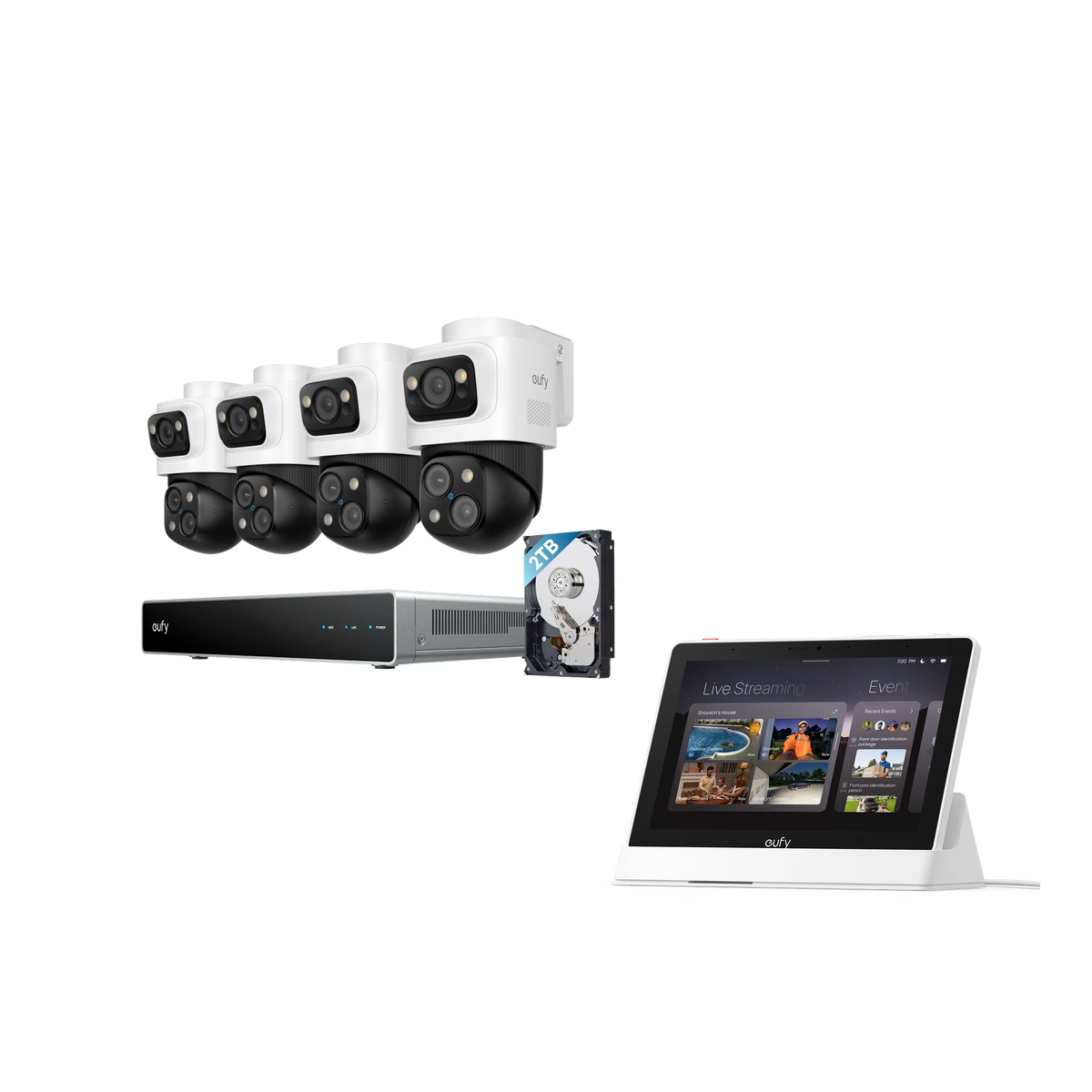 eufy Smart Display E10, NVR S4 with preinstalled 2 TB HDD, and four PoE Cam S4 cameras