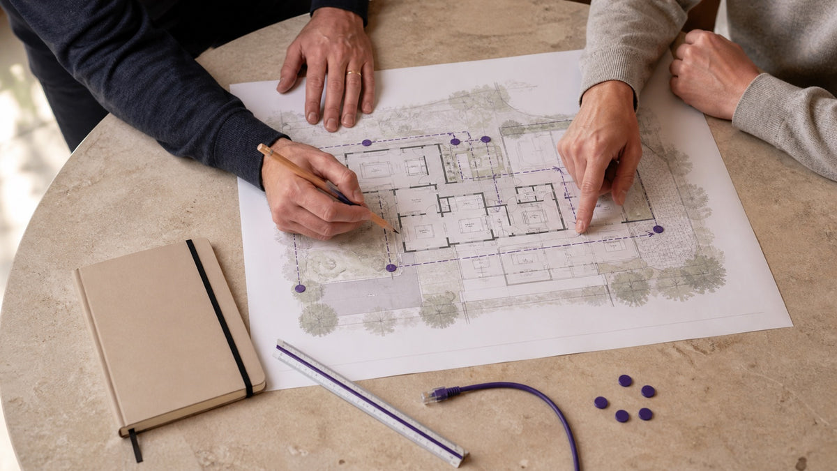 Security-system planning session with a property plan and Ethernet route considerations