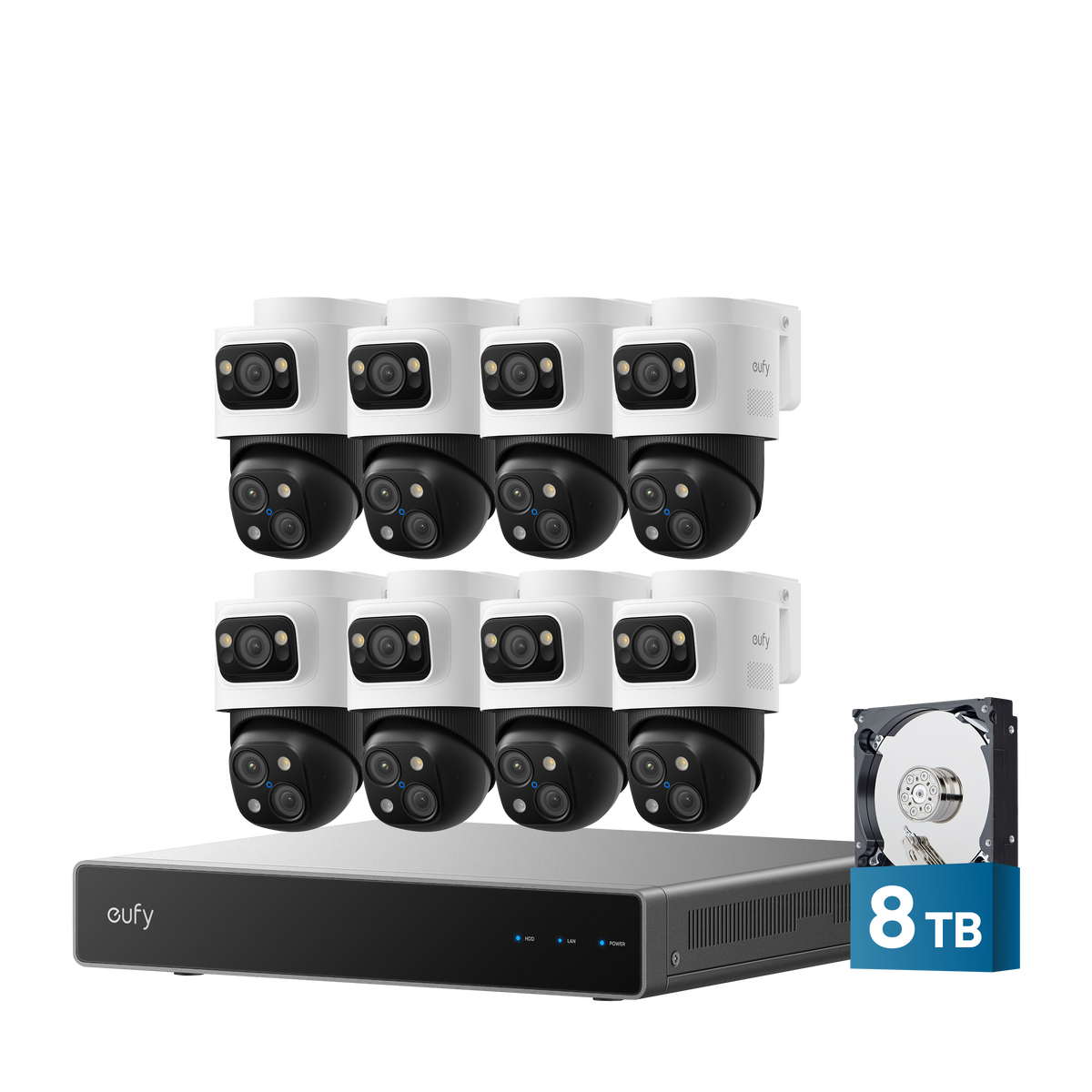 Eufy NVR S4 Max system with eight PoE Cam S4 cameras and preinstalled 8 TB storage