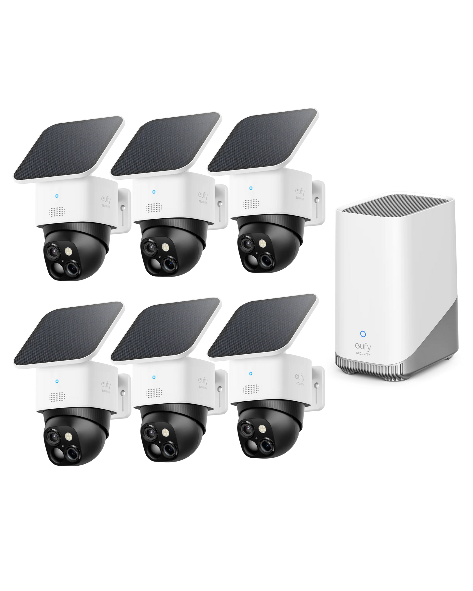 Six eufy SoloCam S340 cameras with six removable solar panels and HomeBase S380