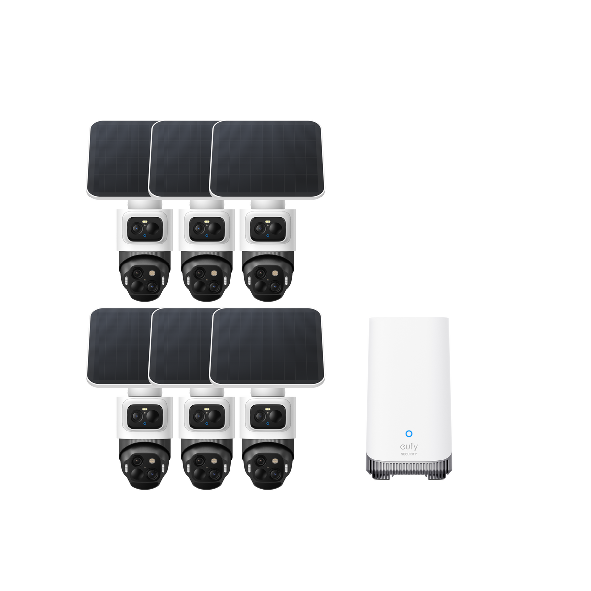 Six white eufyCam S4 cameras with six solar panels and HomeBase S380