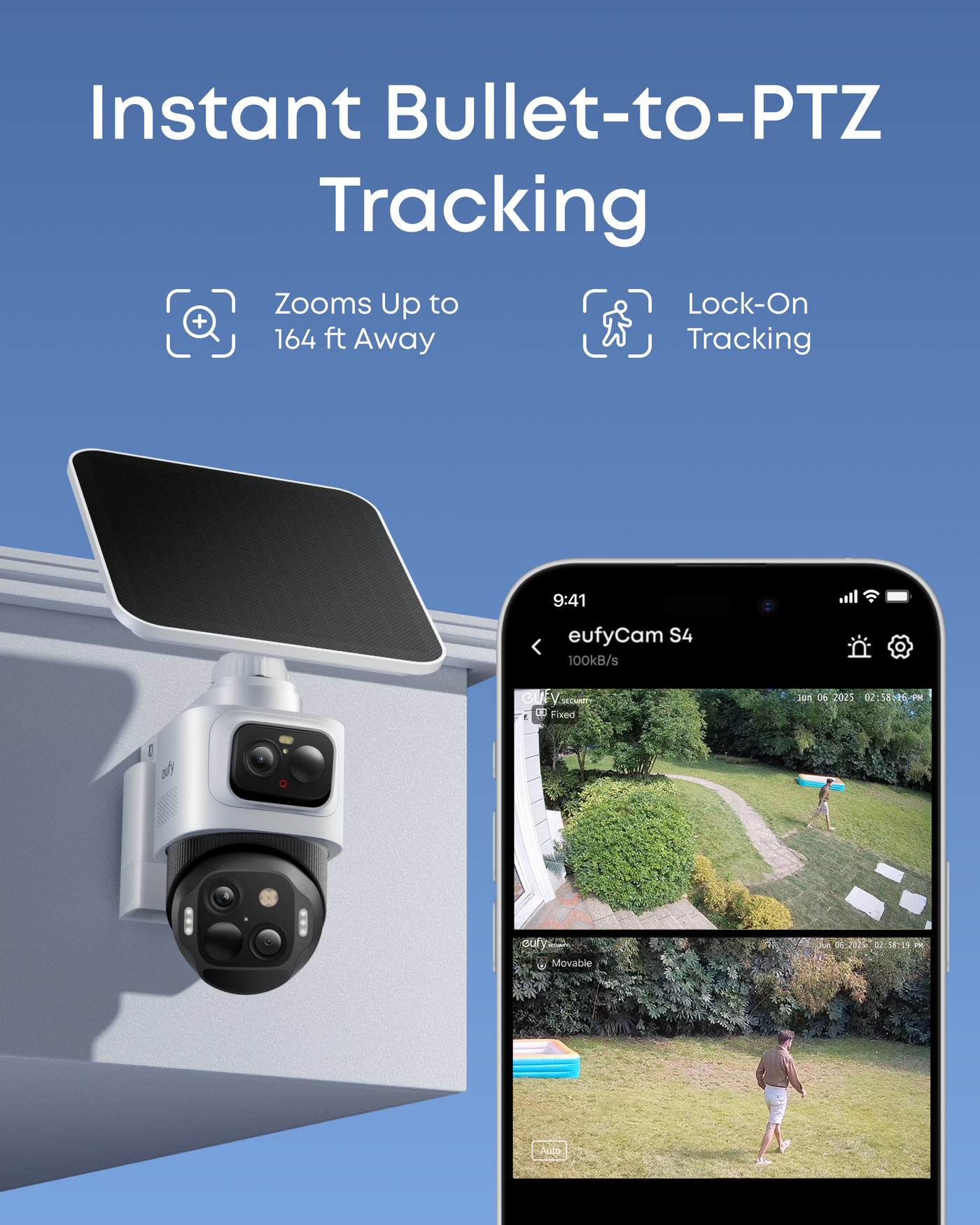 eufyCam S4 fixed-lens detection handing off to PTZ tracking in the eufy app