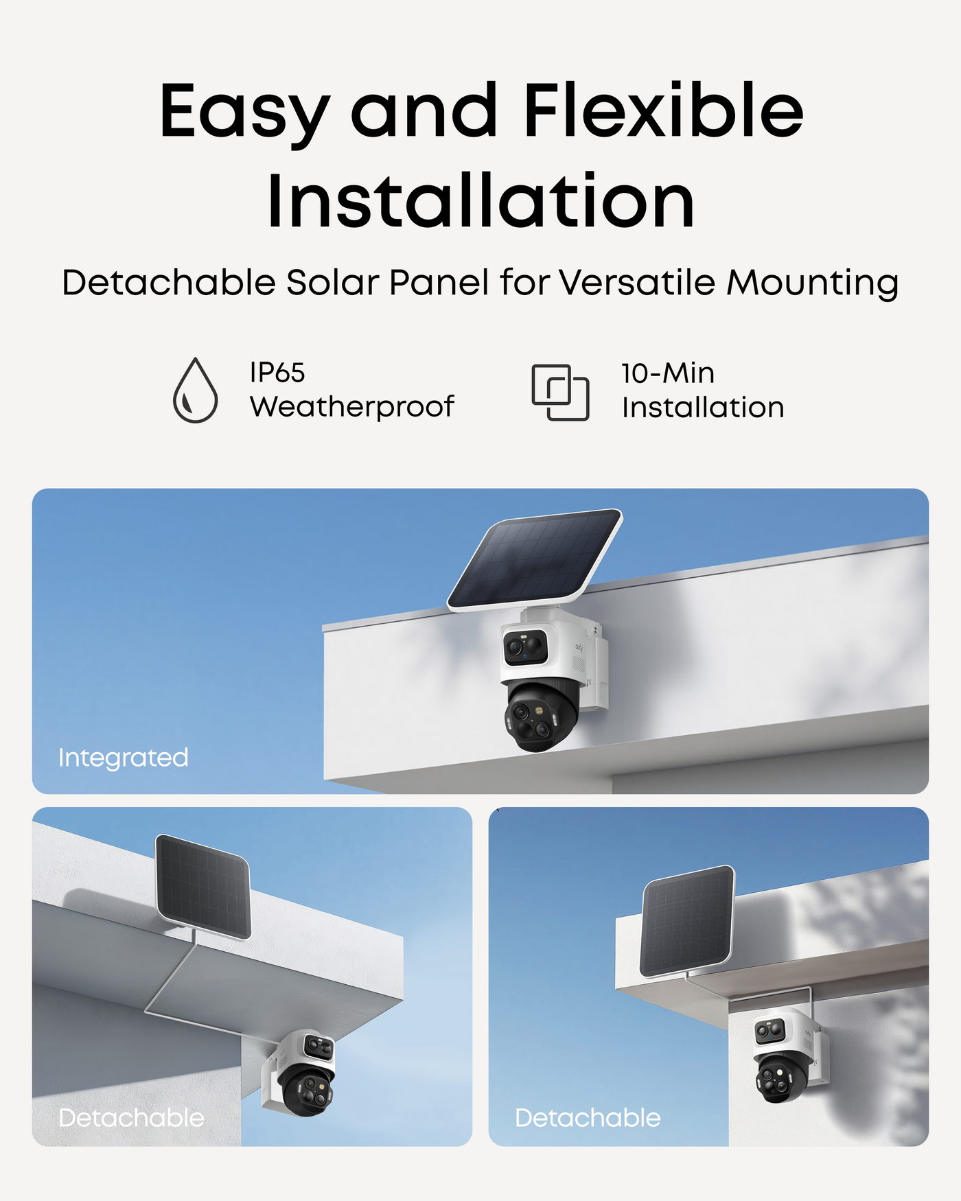 eufyCam S4 with integrated and detached solar-panel mounting configurations