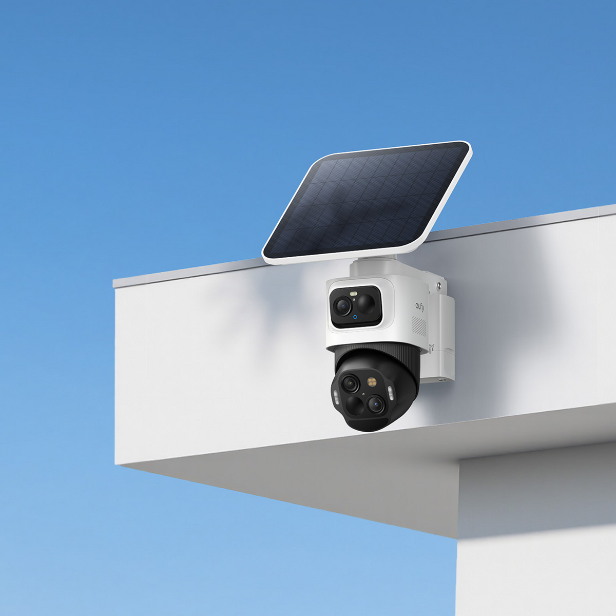 eufyCam S4 mounted outdoors beneath a clear sky