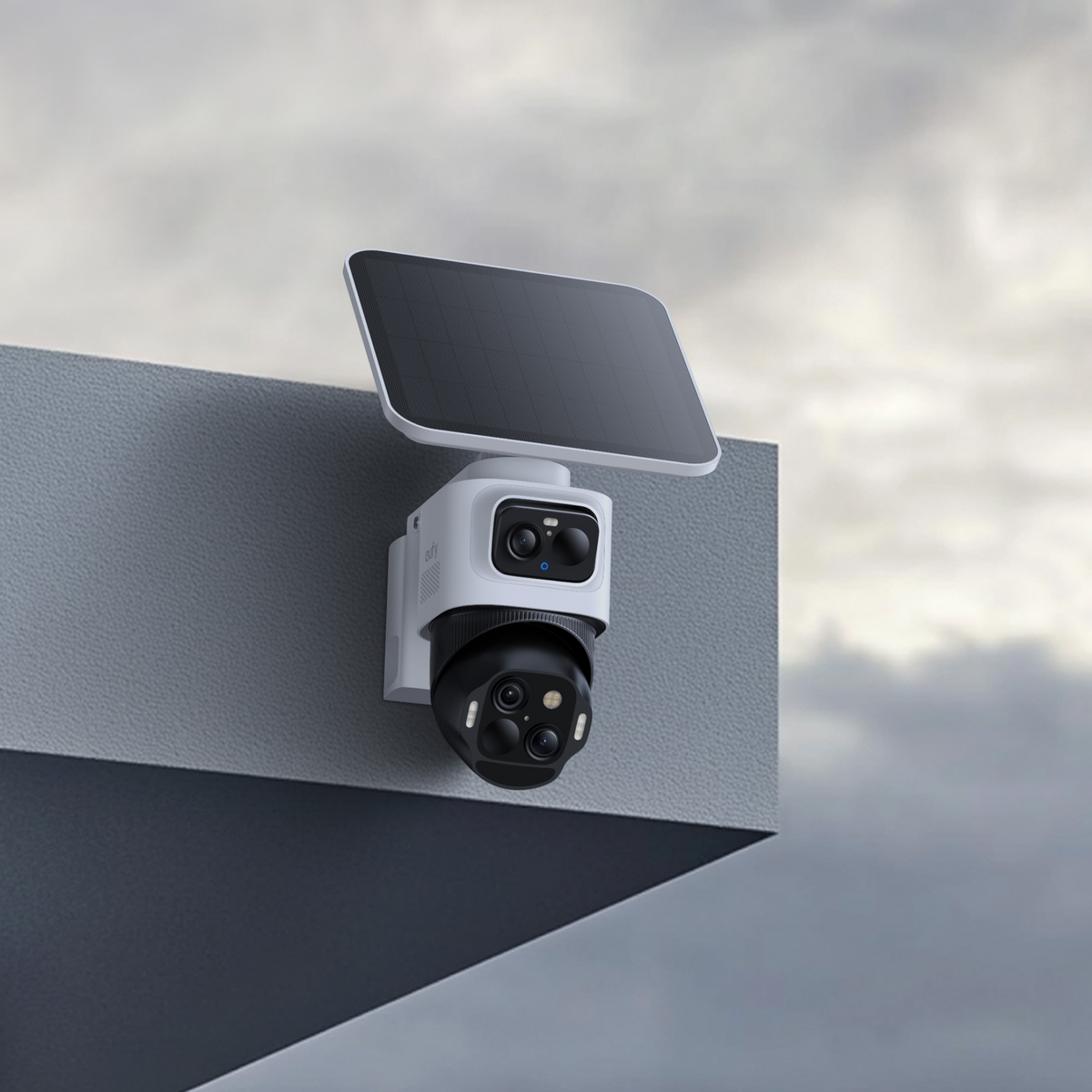 eufyCam S4 mounted outdoors beneath an overcast sky