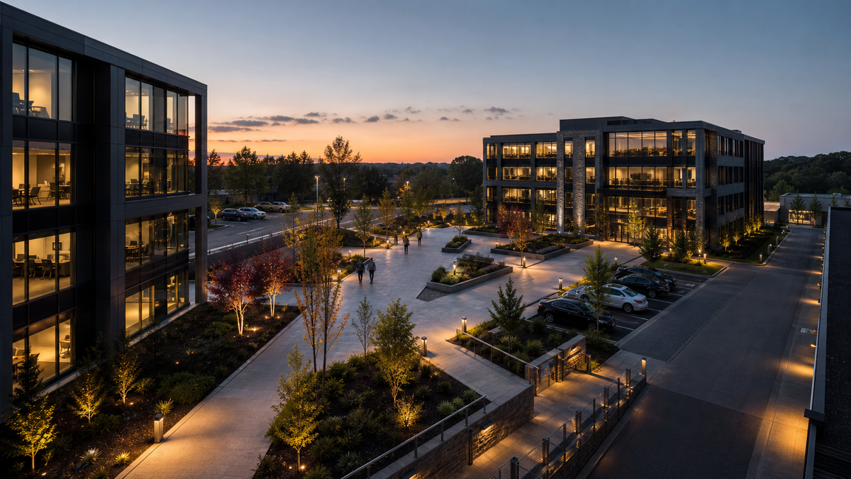 Small commercial campus with offices, pedestrian plaza, parking edge, and service route