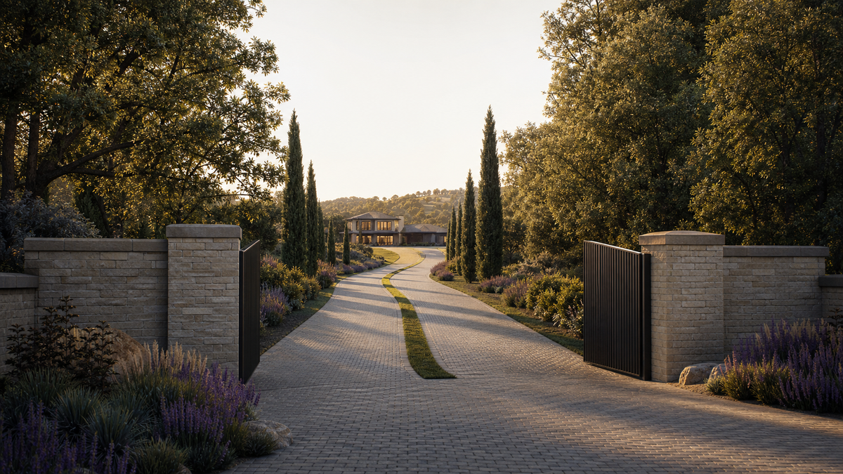 Landscaped estate entrance and long driveway leading to a distant residence