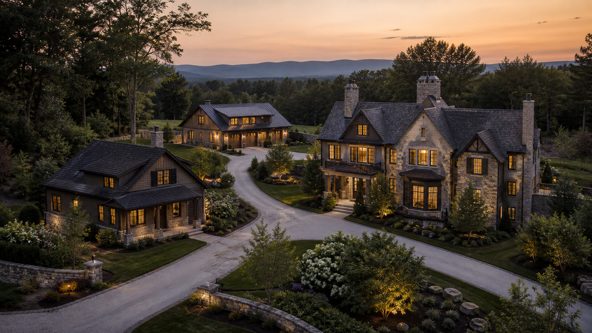 Main residence, guest house, and workshop connected across a landscaped property