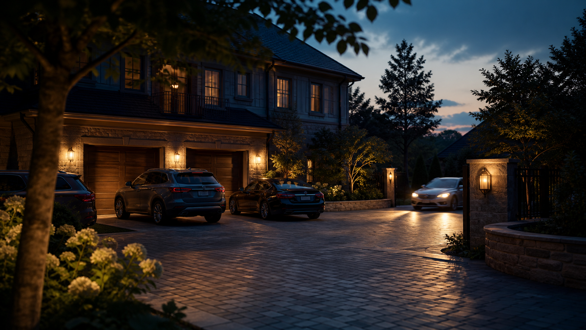 Residential driveway and parking court at dusk with vehicles and sightline obstructions