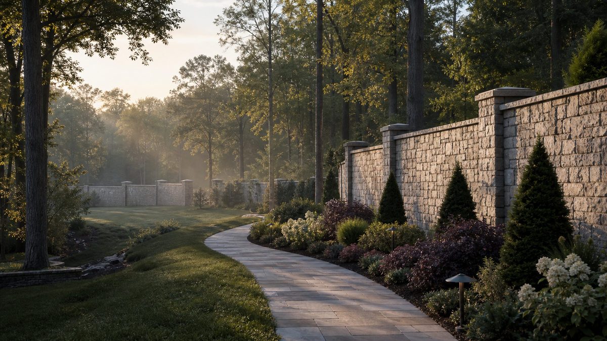 Stone estate boundary and curving exterior route with layered sightlines