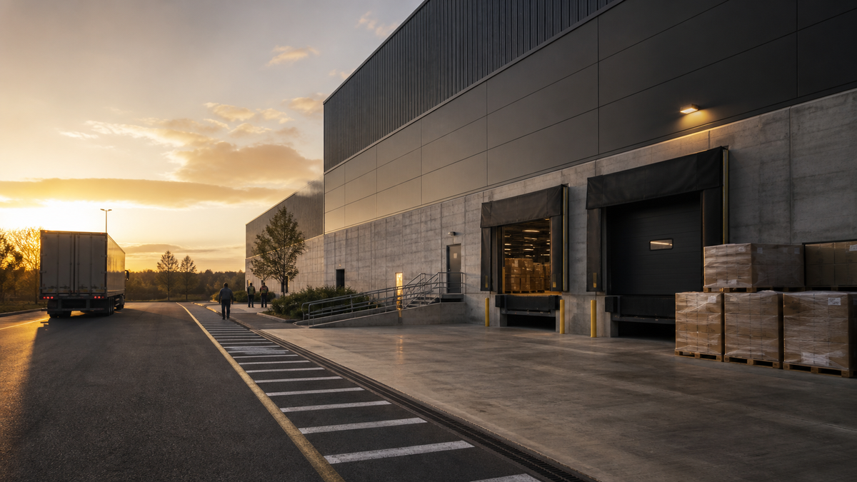 Modern warehouse loading bays with separate vehicle and pedestrian activity zones