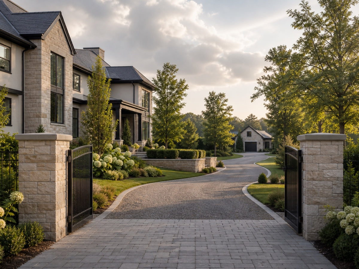 Estate driveway and entrances shown as a camera-position planning context