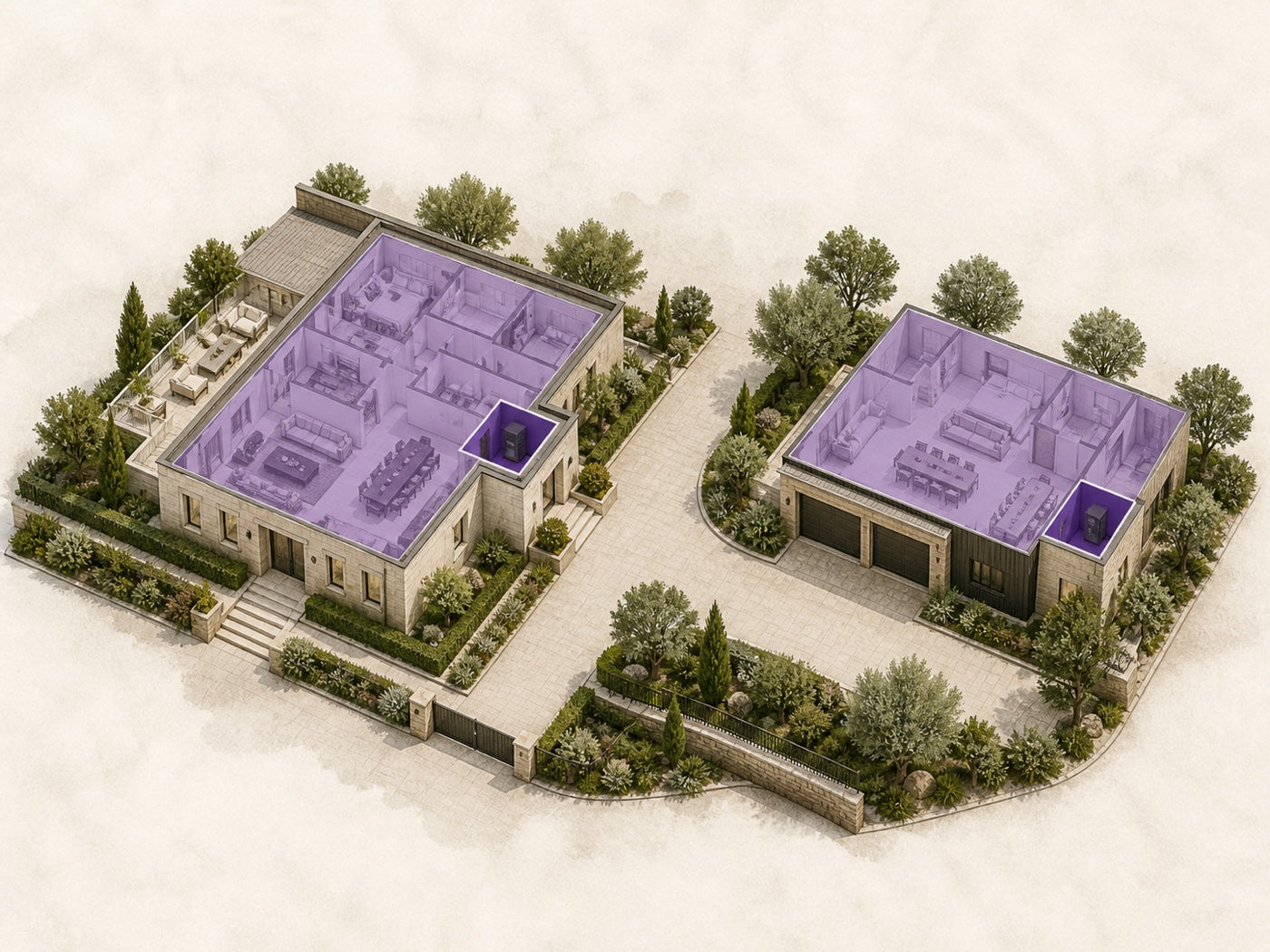 Two-building property concept with separate recorder zones for planning