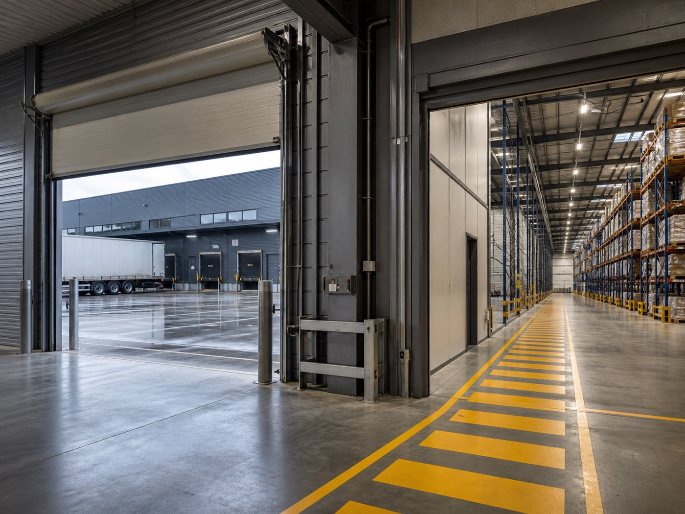 Warehouse loading area and aisle shown as a structured monitoring context