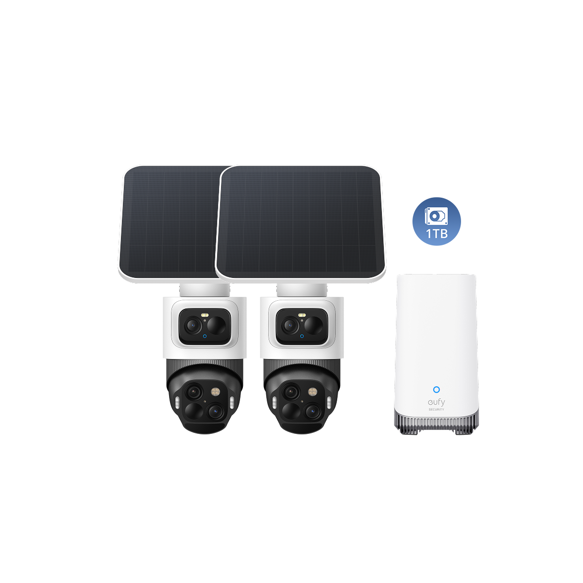 eufyCam S4 two-camera kit with two solar panels, HomeBase S380, and included 1 TB storage