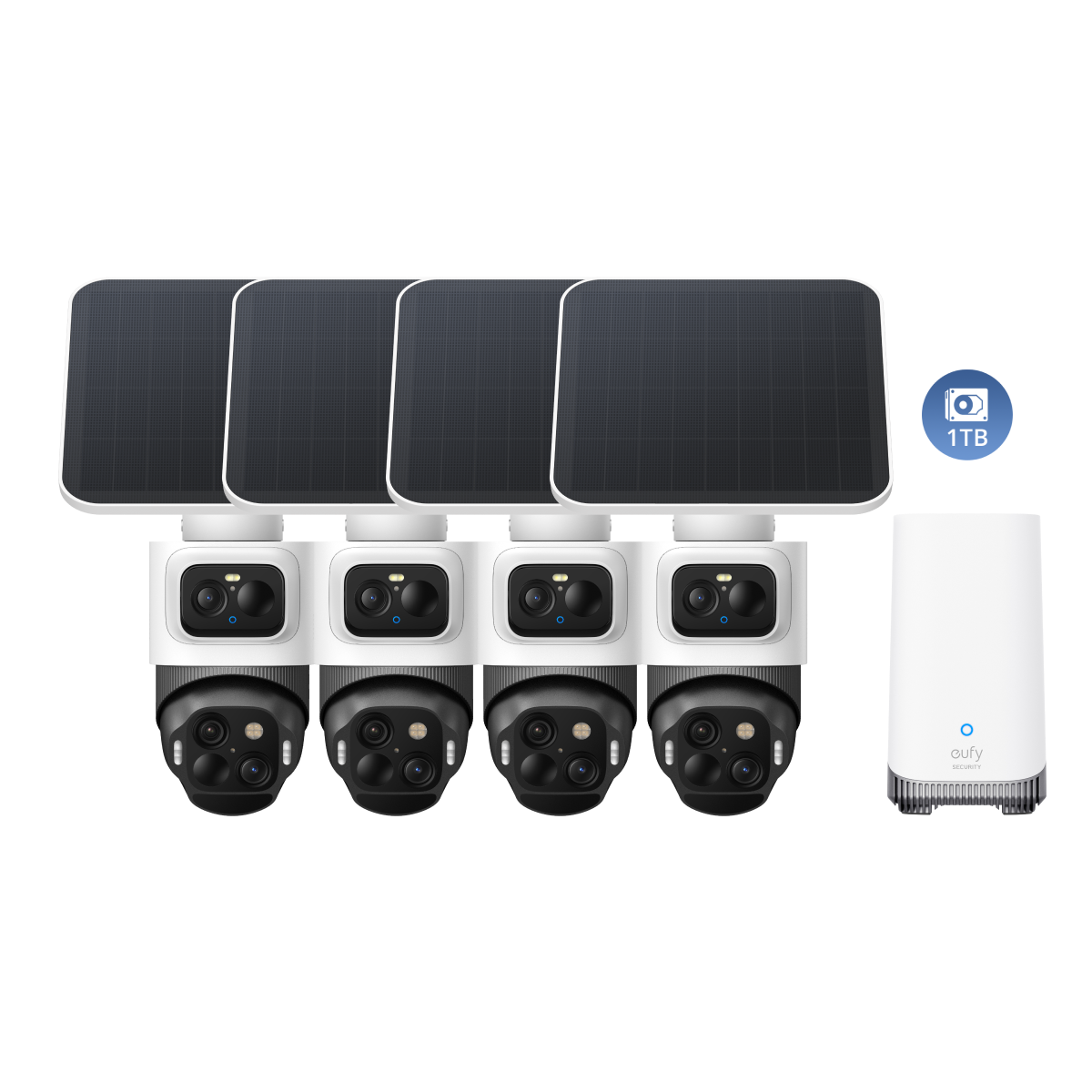 Four eufyCam S4 cameras with four solar panels, HomeBase S380, and a 1 TB hard drive