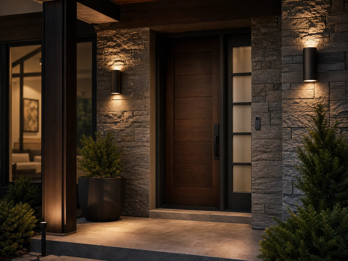 Video doorbell installed beside a warmly lit modern front door.