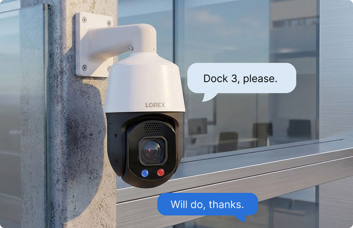 Lorex CNX01P camera mounted beside a window with two-way audio message examples