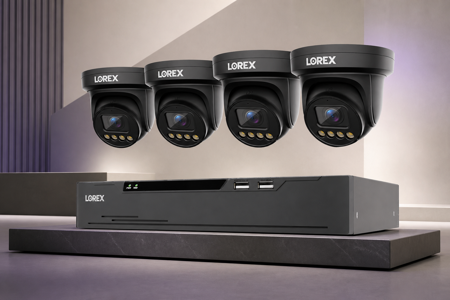 Black Lorex Connect X3 four-camera package with XC 8-channel NVR in a ClearVero studio