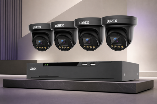 Black Lorex Connect X3 four-camera package with XC 8-channel NVR in a ClearVero studio