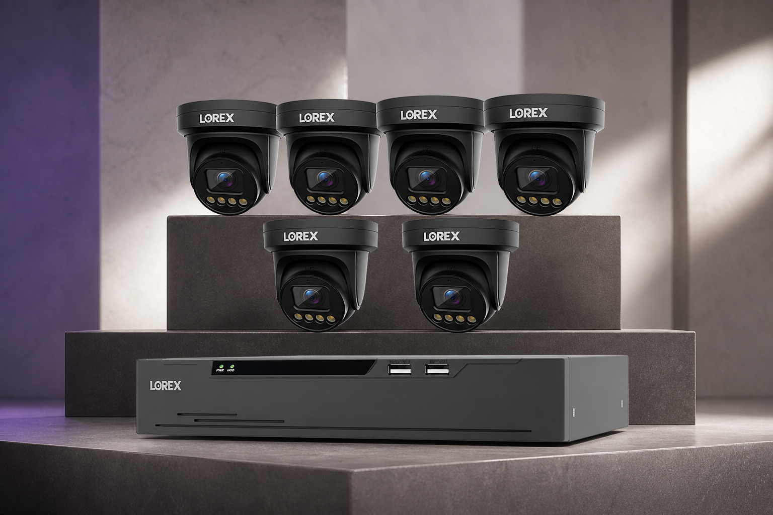 Black Lorex Connect X3 six-camera package with XC 8-channel NVR in a ClearVero studio