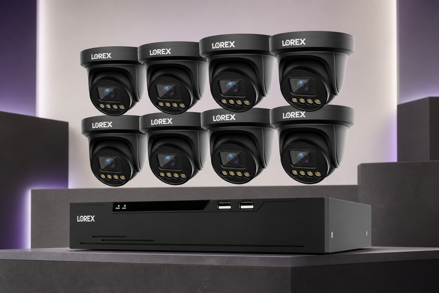 Black Lorex Connect X3 eight-camera package with XC 8-channel NVR in a ClearVero studio