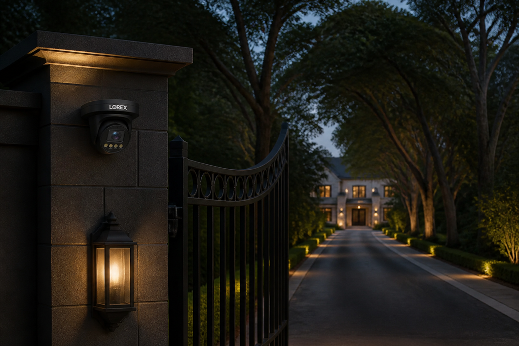 Black Lorex Connect X3 turret camera at a gated estate entrance and long driveway