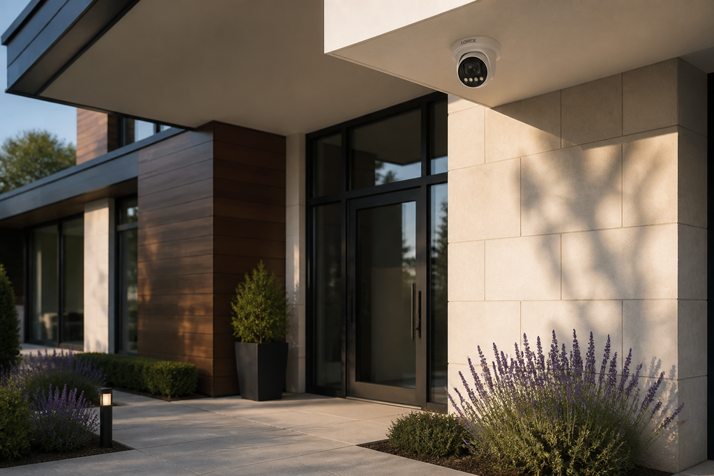 White Lorex Connect X3 turret camera installed beneath the soffit of a modern luxury home entry