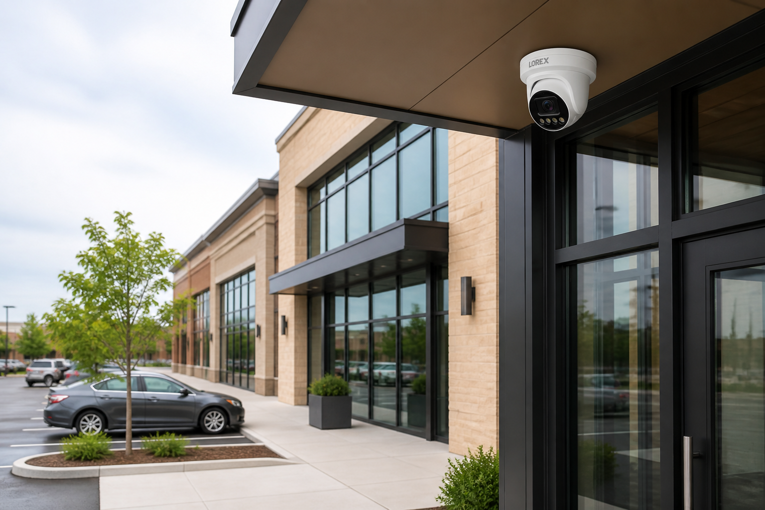 White Lorex Connect X3 turret camera installed at a modern office and retail exterior