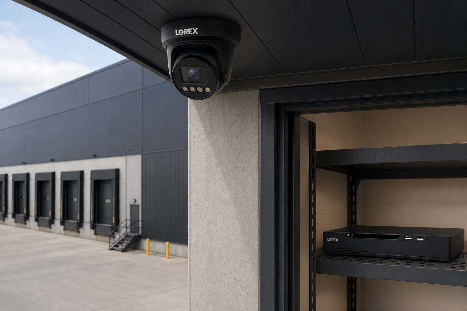 Black Lorex Connect X3 turret camera and XC NVR in a clean warehouse wired installation context