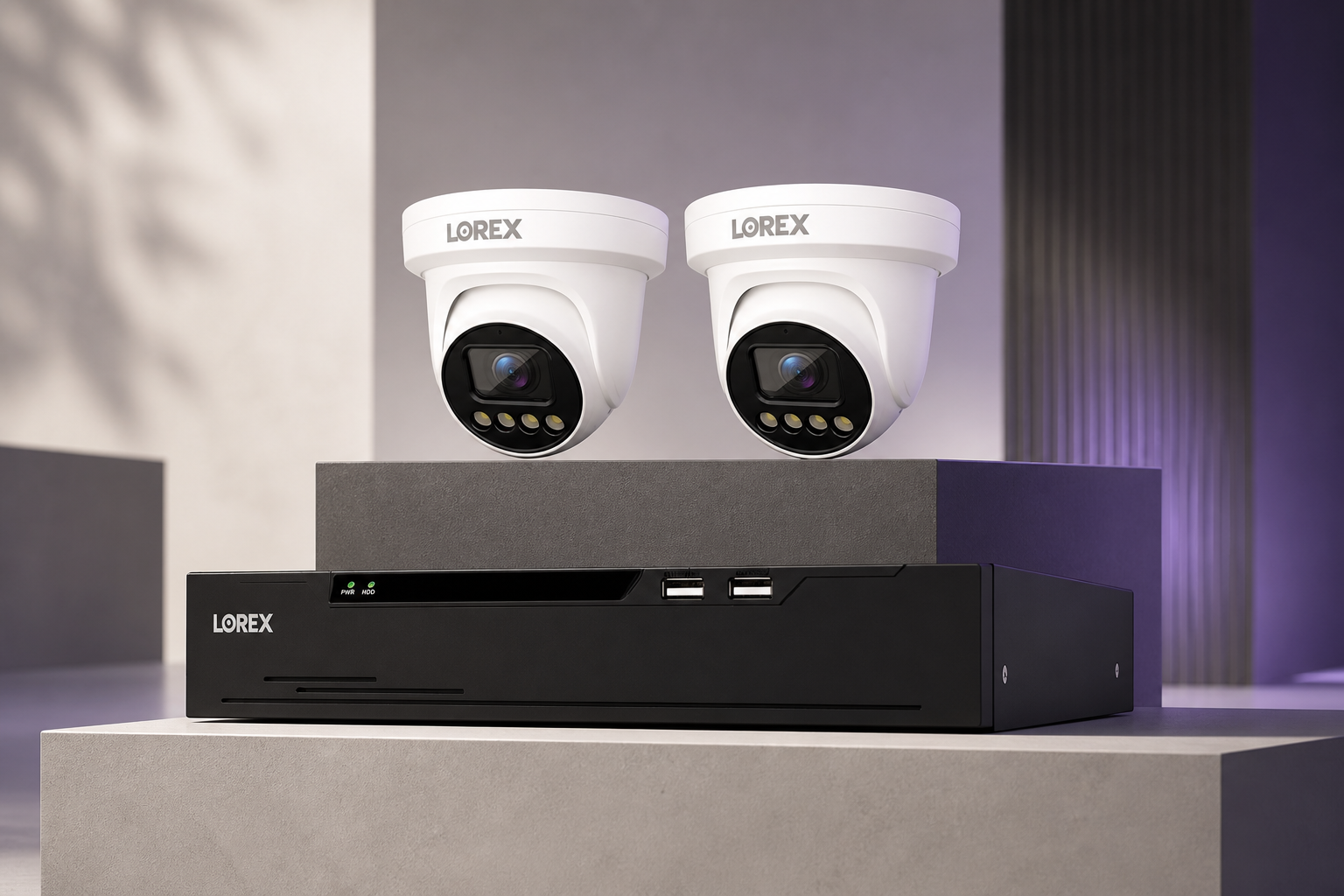 White Lorex Connect X3 two-camera package with XC 8-channel NVR in a ClearVero studio