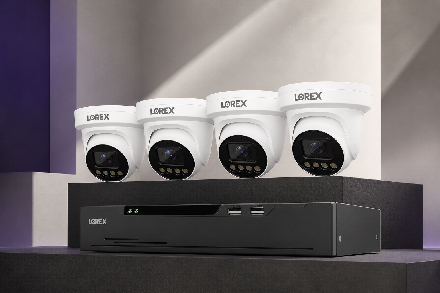 White Lorex Connect X3 four-camera package with XC 8-channel NVR in a ClearVero studio